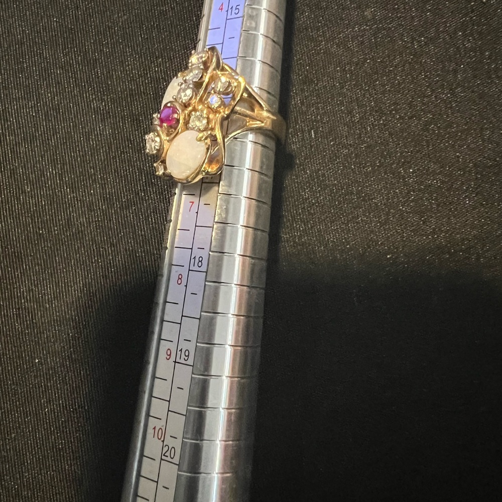 Opal Ring Ruby Diamond Vintage Estate 14K Yellow Gold Halo Size 5.5